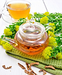 Image showing Tea of Rhodiola rosea in glass teapot with cup on board