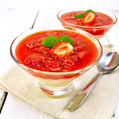 Image showing Dessert strawberry-vanilla in two glassful of mint on board