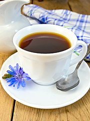 Image showing Chicory drink in white cup with spoon and milkman on board