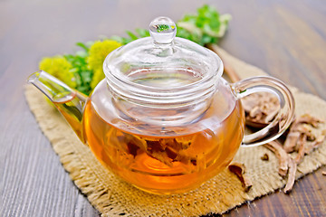 Image showing Tea of Rhodiola rosea in glass teapot on board