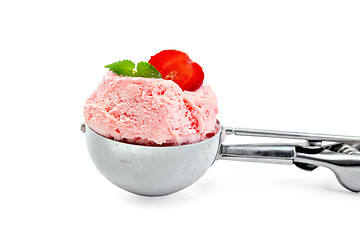 Image showing Ice cream strawberry in spoon with mint