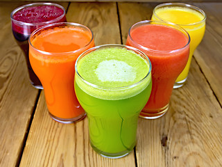 Image showing Juice vegetable in five glassful on board