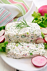 Image showing Terrine of curd and radishes in dish on board