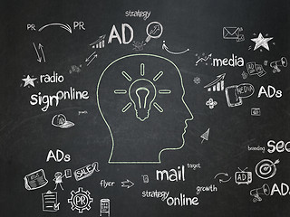 Image showing Advertising concept: Head With Light Bulb on School Board background