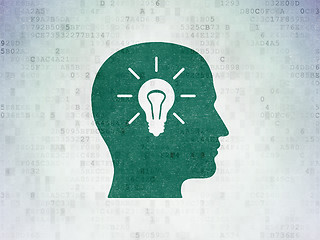 Image showing Advertising concept: Head With Light Bulb on Digital Paper background