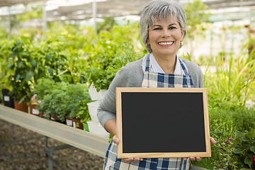 Image showing Elderly woman in a green house