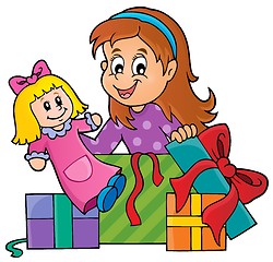 Image showing Girl with doll and gifts theme 1