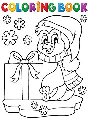 Image showing Coloring book penguin with gift