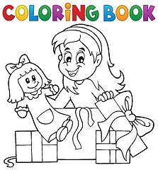 Image showing Coloring book girl with doll and gifts