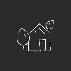 Image showing Eco-friendly house icon drawn in chalk.