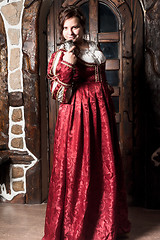 Image showing Beautiful woman in red dress in retro baroque style