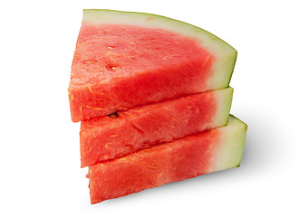 Image showing Stack of three pieces of ripe red watermelon