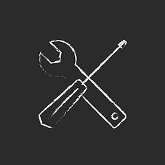 Image showing Screwdriver and wrench tools icon drawn in chalk.