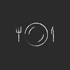 Image showing Plate with cutlery icon drawn in chalk.