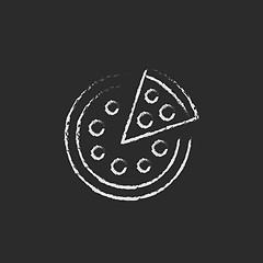 Image showing Whole pizza with a slice icon drawn in chalk.