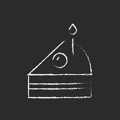 Image showing Slice of cake with candle icon drawn in chalk.