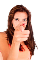 Image showing Young elegant woman pointing with freckles