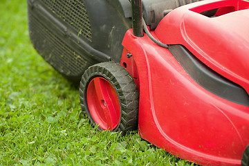 Image showing red lawnmower on green grass