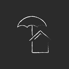 Image showing House insurance icon drawn in chalk.