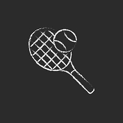 Image showing Tennis racket and ball icon drawn in chalk.