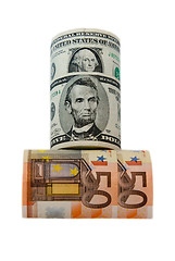 Image showing  currency dollars and euros rolled on the white background