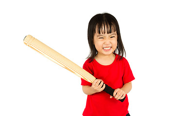 Image showing Chinese little girl holding baseball bat with angry expression