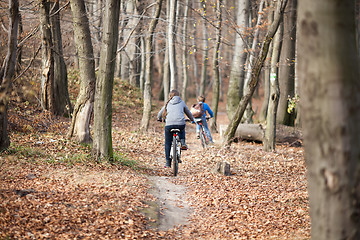 Image showing Two children on bicycles in autumn forest