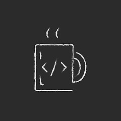 Image showing Cup of coffee with a code sign icon drawn in chalk.