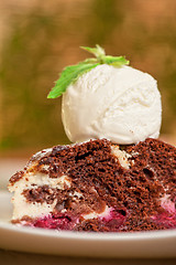 Image showing chocolate cake with jam ice cream