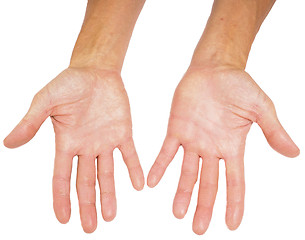 Image showing Hands of a male person with fingers spread isolated towards whit