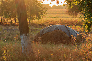 Image showing Haystack on autumn sunset