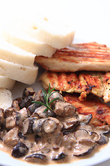 Image showing chicken meat with mushrooms and dumplings