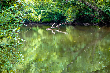 Image showing broad river water flow through blue ridge mountains