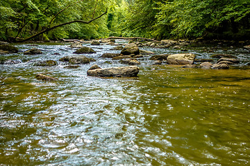 Image showing broad river water flow through blue ridge mountains