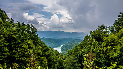 Image showing beautiful aerial scenery over lake fontana in great smoky mounta