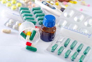 Image showing color pills and medical bottle