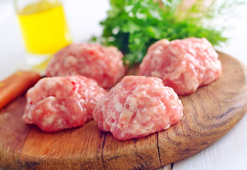 Image showing Raw balls from meat on wooden background