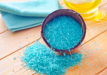 Image showing Blue sea salt on the wooden table