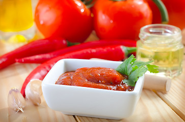 Image showing tomato and chilli  sauce in the white bowl