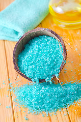 Image showing Blue sea salt on the wooden table