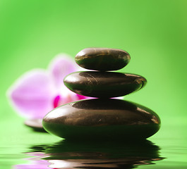 Image showing Orchid and black basalt for spa on green background