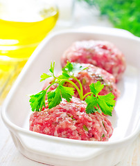 Image showing Raw meat balls in the white bowl