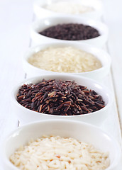 Image showing Different kind of raw rice, raw rice in the white bowls