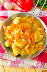 Image showing chicken with vegetable in metal plate