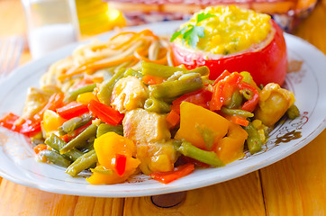 Image showing Fresh dinner in the plate, pasta and vegetable stew