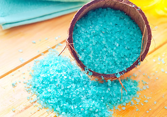 Image showing Blue sea salt on the wooden table