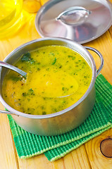 Image showing Soup with shrimps and cheese in metal bowl