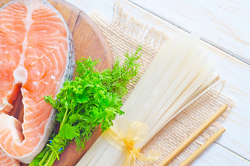 Image showing raw rice noodles and raw salmon