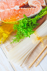 Image showing raw rice noodles and raw salmon