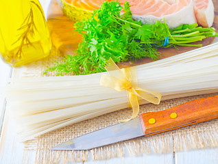 Image showing raw rice noodles and raw salmon